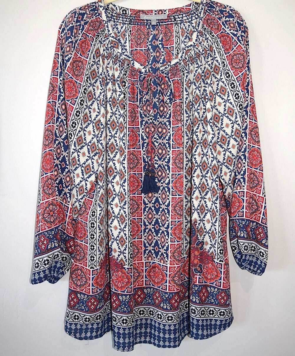 Daniel Rainn Boho Navy Red Print Peasant Blouse Tunic 3X